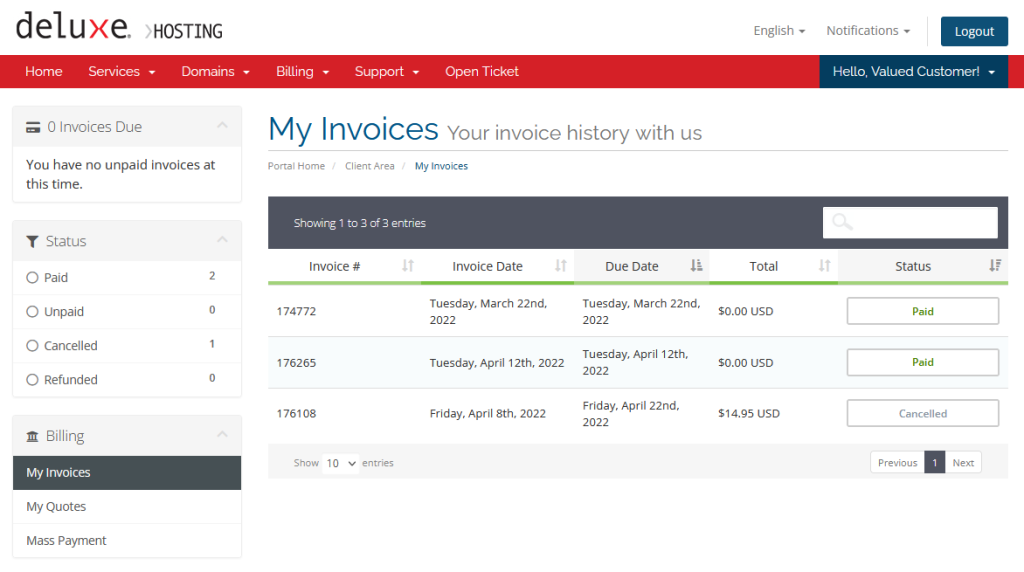 Deluxe Client Area Invoices